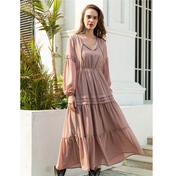 Pink Bohemian Maxi Dress Chiffon Neck Ties Long Sleeve Ruffle Hem Flowy - Picture 7 of 10